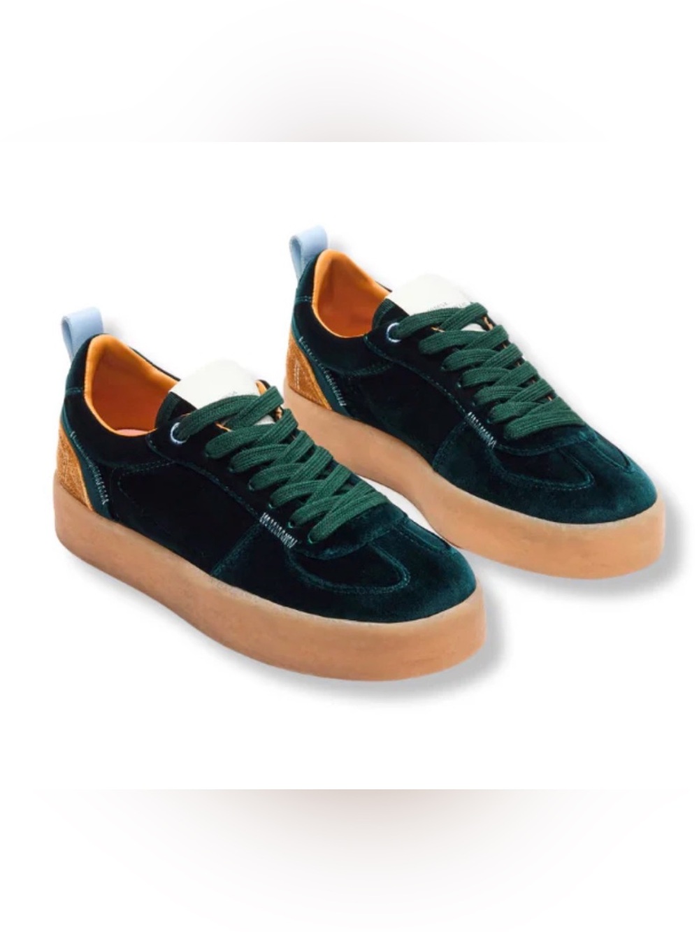 Steve Madden Women's Dark Green and Gold Velvet Sneakers with Tan Gum Sole